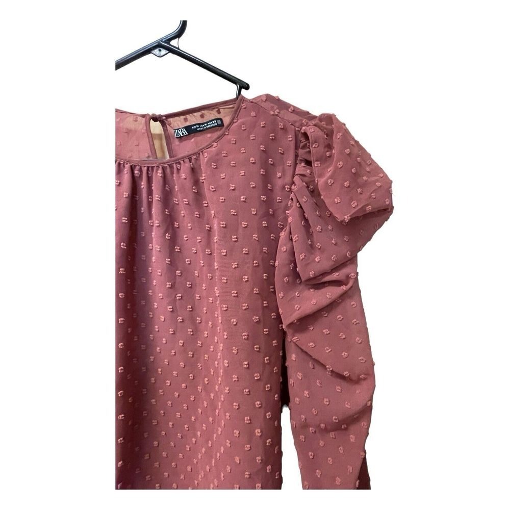 Zara Women's Dotted Puff Long Sleeve‎ Top Sheer Size Medium Mauve - Picture 5 of 6